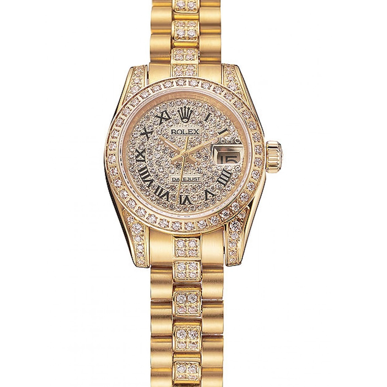 Aaa replica watch Gold Diamond Rolex Diamond 1453955 Pave Bracelet Dial DayJust Swiss 0523